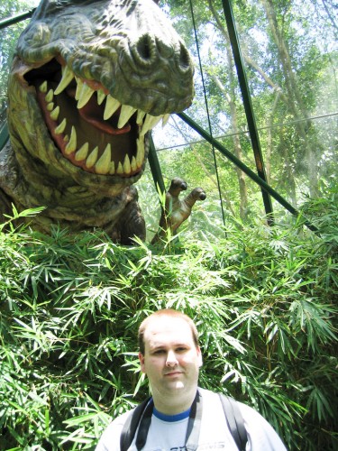 Simon about to be eaten by a Tyrannosaurus - Hong Kong Ocean Park