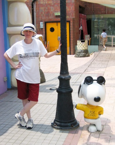 Leanne tries to be cool at Snoopy's World - Hong Kong
