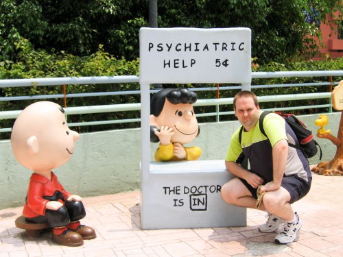 Simon gets some advice at Snoopy's World