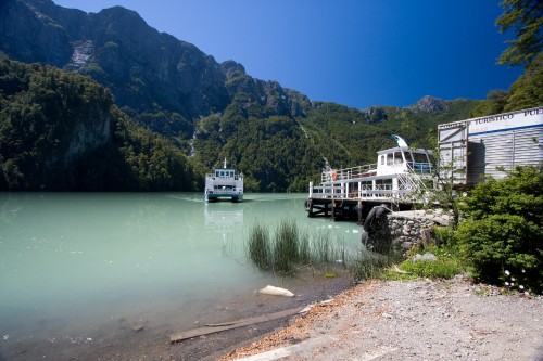 Boat arriving to take us across Lago Frias