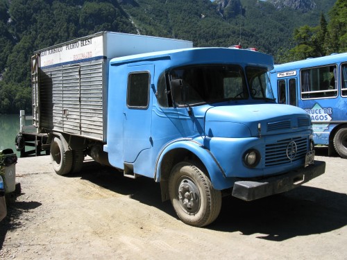 Old Mercedes truck loading our luggage onto the next boat at Puerto Alegre