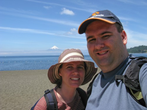 Leanne and Simon at Frutillar with Osorno in the background