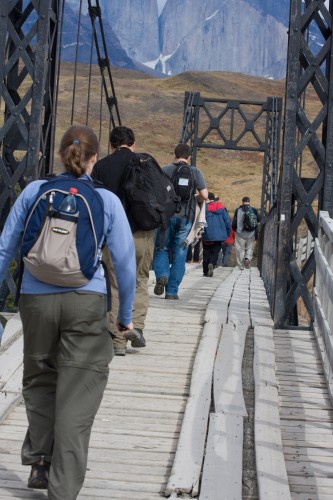 Walking across the bridge, Torres del Paine, Chile