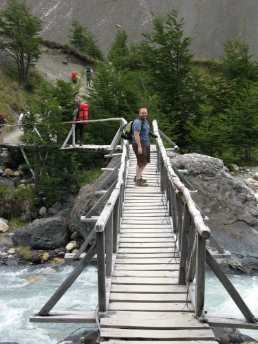 Simon crosses the Rio Ascencio at Campamento Chileno - Torres del Paine, Ch