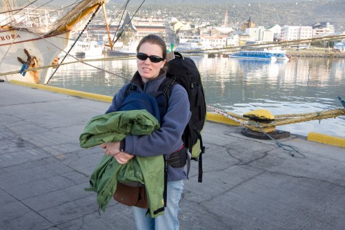 Leanne with her pack - Ushuaia