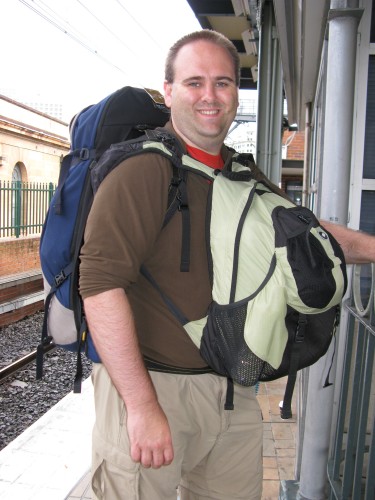 Simon with his pack - Sydney Central Station