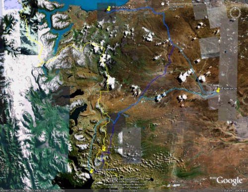 El Calafate to Puerto Natales - satellite view