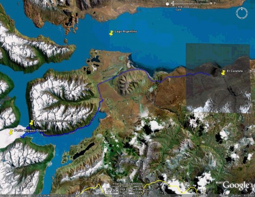 El Calafate to Perito Moreno - satellite view