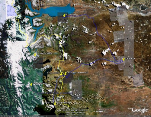 Puerto Natales to El Calafate - satellite view