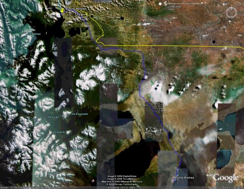 Puerto Natales to Punta Arenas - satellite view