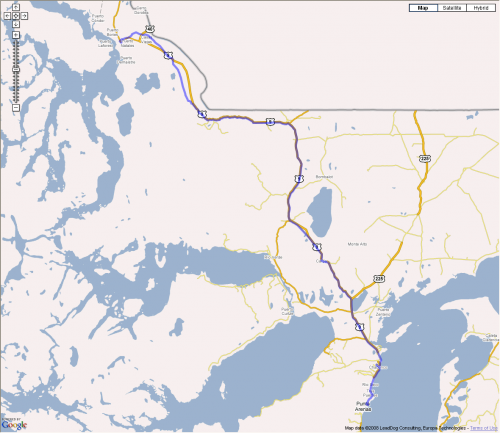 Puerto Natales to Punta Arenas - map view