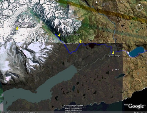 Torres del Paine - trek satellite view