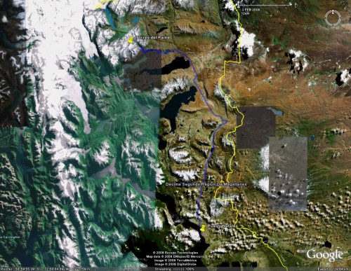Puerto Natales to Torres del Paine - satellite view