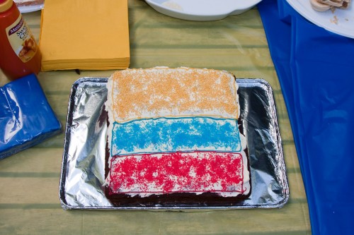 Andres's other birthday cake - chocolate log cakes iced in the colours of the Colombian flag